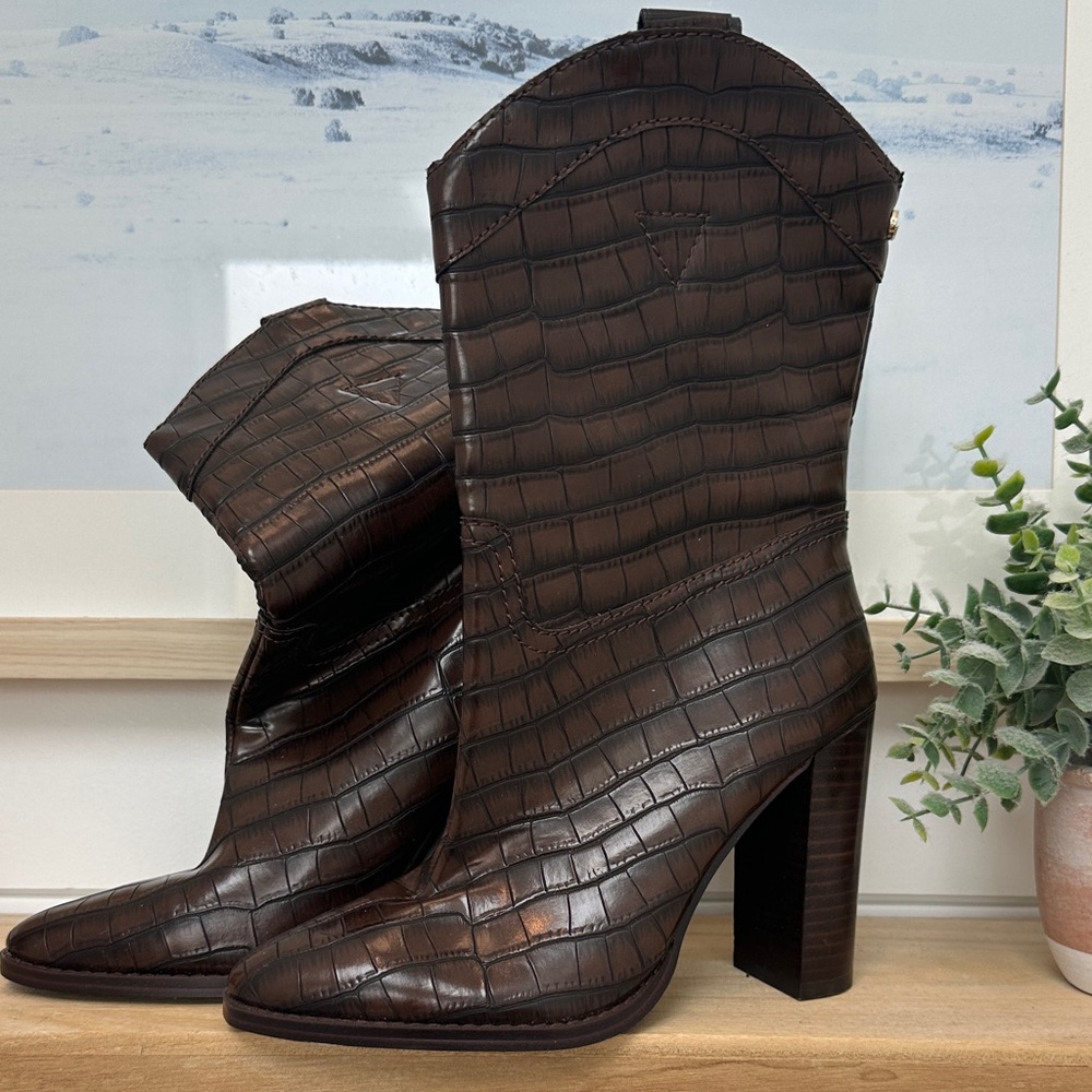 Guess Dark Brown Crocodile-Patterned Heeled Boots